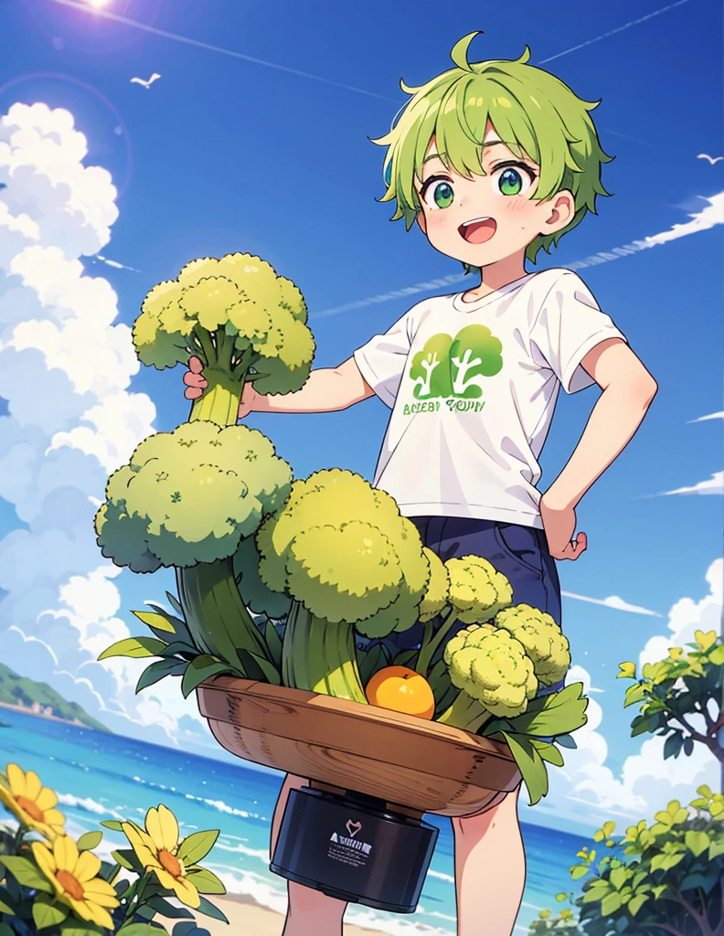 A boy having fun at the beach in summer,Wear a broccoli T-shirt,Broccoli grows all around,high resolution,Nostalgic,Innocent boys,(Wearing a Japanese T-shirt),