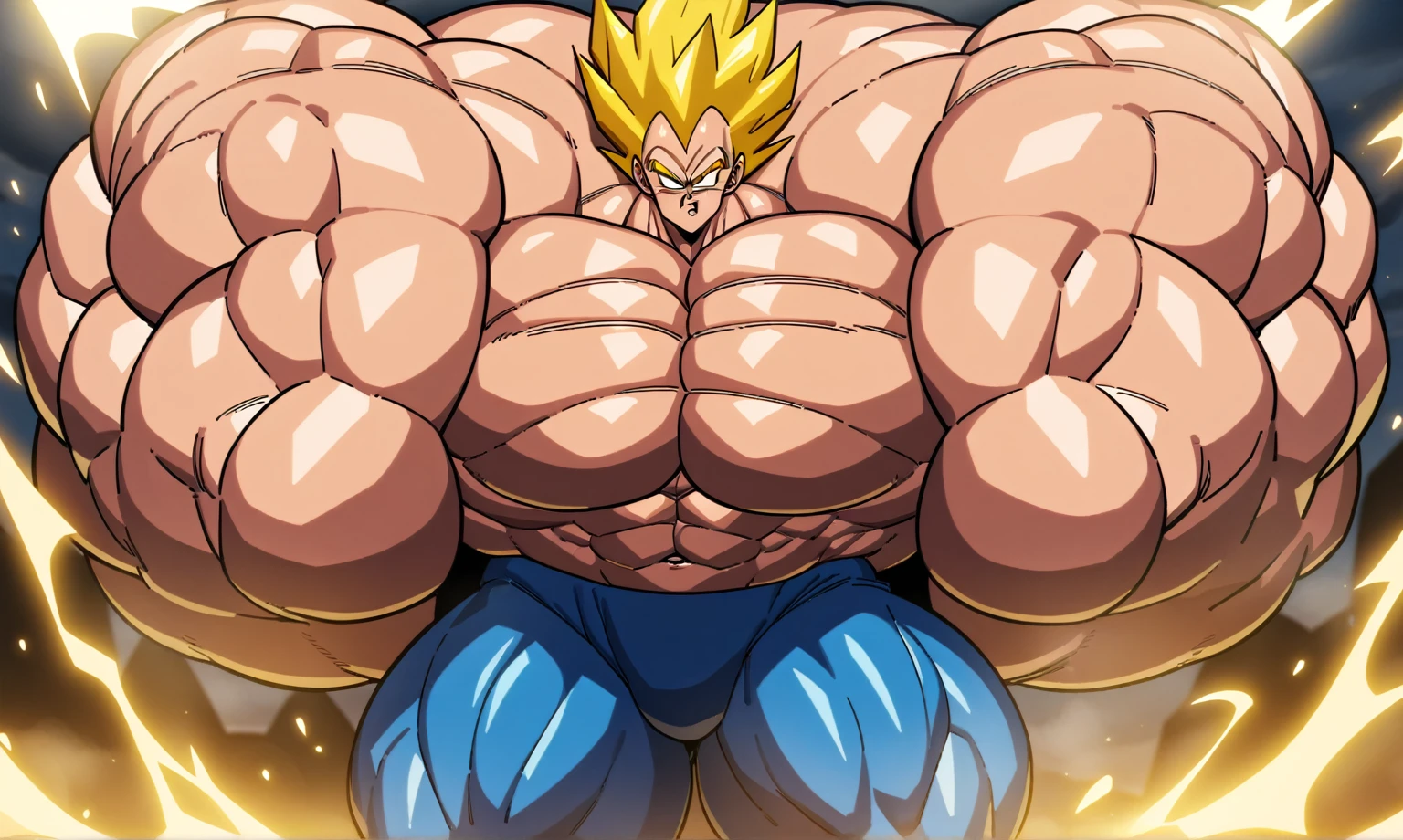 1boy, Vegeta, from Dragon Ball Z, masterpiece, best quality, very aesthetic, absurdres, saiyan, green eyes, spiked hair, (yellow hair:1.5), shirtless, blue skintight pants, white gloves, (huge muscles:3), Dragon Ball Z artstyle, in the style of Akira Toriyama, white tiled floor, outdoors, flat-top mountains, nipples, yellow aura, electricity