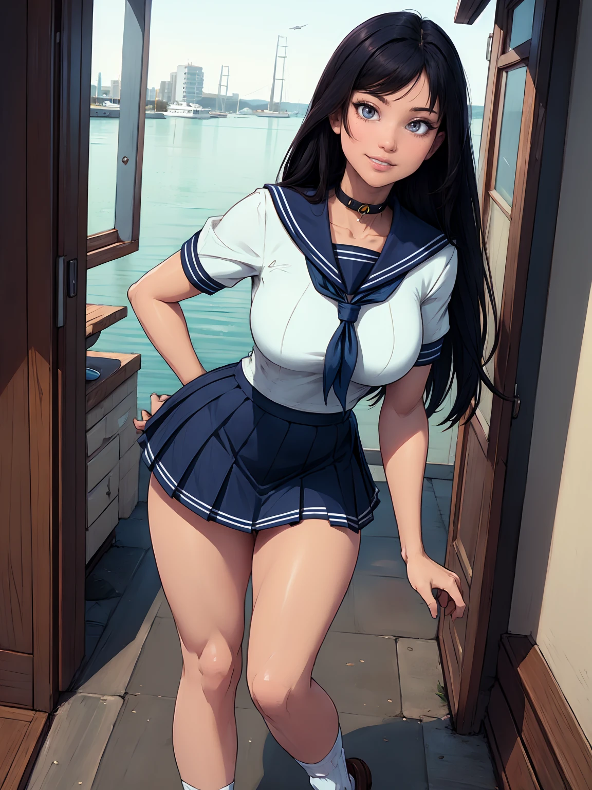 (超High resolution,4K,Very detailed, photograph, 8k, High resolution, High resolution, Absurd:1.2),18 year old Japanese female,expensive,Long black hair,Beautiful character design,Beautifully detailed eye depiction,Perfect Face,Expressive eyes,Brown eyes,Please smile with your teeth showing,(Short sleeve, Cute white sailor suit, Dark blue pleated skirt, Navy sailor collar, Sailor scarf, socks, Brown Loafers:1.1),(Don&#39;t tuck your sailor uniform into your skirt:0.5),(Huge breasts:1.6),(See-through bra:0.3),Tight waist,In the living room,Daytime, posing, gigantic breasts, short, shortstack, hyper shortstack, cameltoe, huge breasts, huge ass, gigantic butt, monolid eyes,