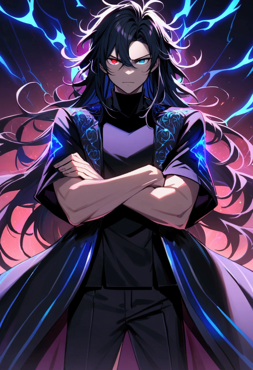  boy, Messy hair, long hair, multicolored blue and black hair, crossed arms, blue and black eyes, heterochromia, ssmile, serious face, black jersey, dark blue detailed and wide short-sleeved overcoat, detailed black pants, electric aura around the character, 