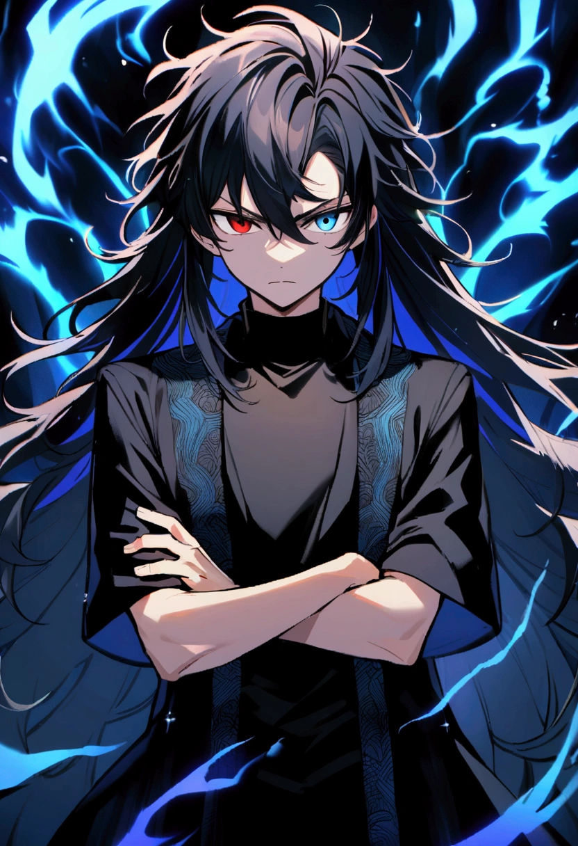 age boy, Messy hair, long hair, multicolored blue and black hair, crossed arms, blue and black eyes, heterochromia, ssmile, serious face, black jersey, dark blue detailed and wide short-sleeved overcoat, detailed black pants, electric aura around the character,