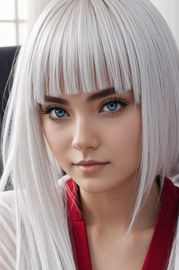 1girl, White hair, Red eyes, Shy, Anime