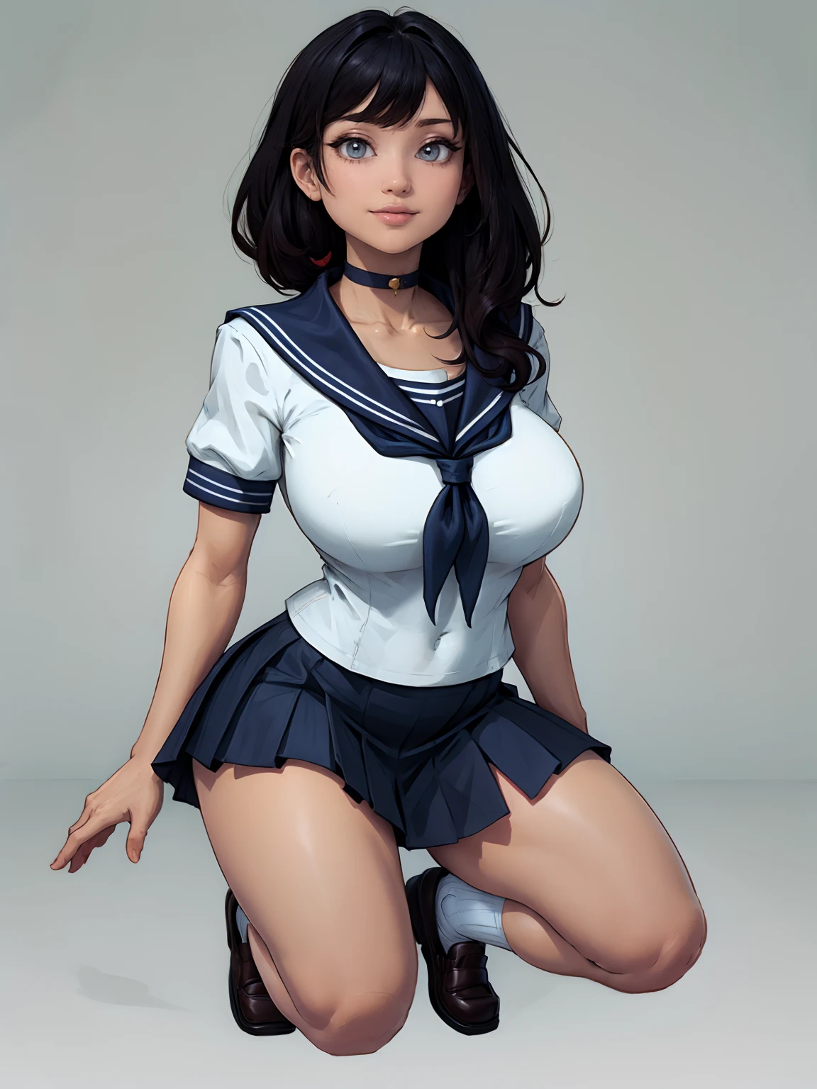 (超High resolution,4K,Very detailed, photograph, 8k, High resolution, High resolution, Absurd:1.2),18 year old Japanese female,expensive,Long black hair,Beautiful character design,Beautifully detailed eye depiction,Perfect Face,Expressive eyes,Brown eyes,Please smile with your teeth showing,(Short sleeve, Cute white sailor suit, Dark blue pleated skirt, Navy sailor collar, Sailor scarf, socks, Brown Loafers:1.1),(Don&#39;t tuck your sailor uniform into your skirt:0.5),(Huge breasts:1.6),(See-through bra:0.3),Tight waist,In the living room,Daytime, posing, hyper breasts, short, shortstack, hyper shortstack, cameltoe, huge breasts, huge ass, gigantic butt, monolid eyes,
