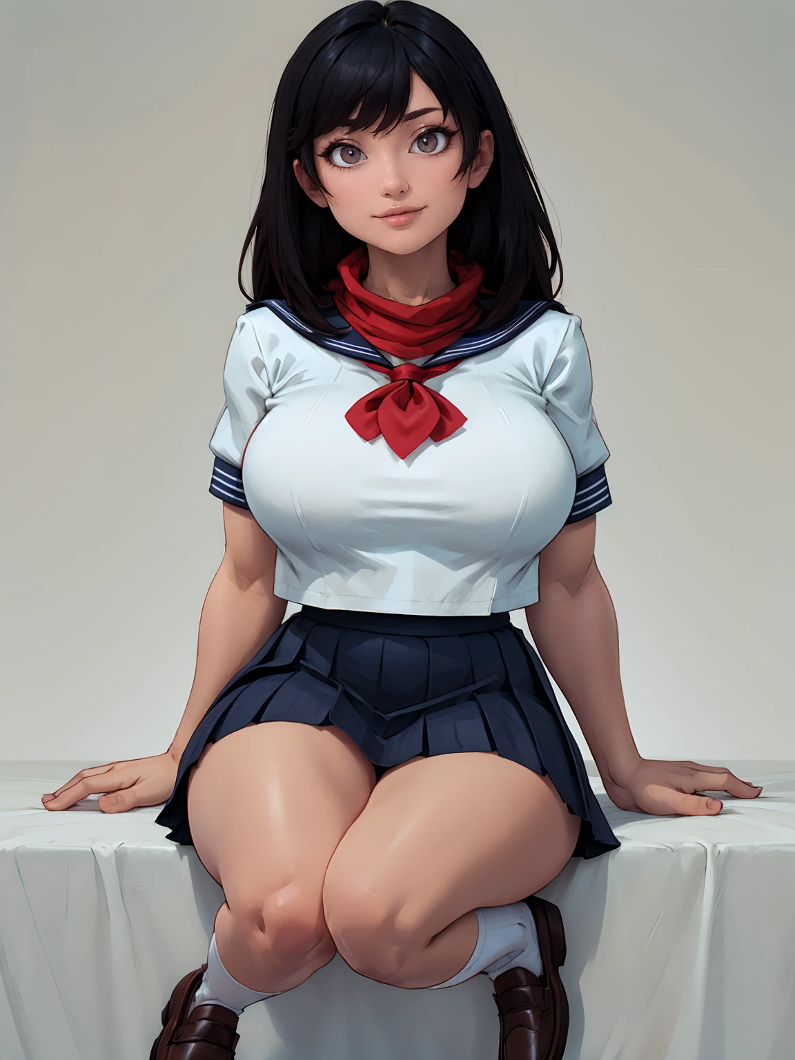 (超High resolution,4K,Very detailed, photograph, 8k, High resolution, High resolution, Absurd:1.2),18 year old Japanese female,expensive,Long black hair,Beautiful character design,Beautifully detailed eye depiction,Perfect Face,Expressive eyes,Brown eyes,Please smile with your teeth showing,(Short sleeve, Cute white sailor suit, Dark blue pleated skirt, Navy sailor collar, Sailor scarf, socks, Brown Loafers:1.1),(Don&#39;t tuck your sailor uniform into your skirt:0.5),(Huge breasts:1.6),(See-through bra:0.3),Tight waist,In the living room,Daytime, posing, hyper breasts, short, shortstack, hyper shortstack, cameltoe, huge breasts, huge ass, gigantic butt, monolid eyes,
