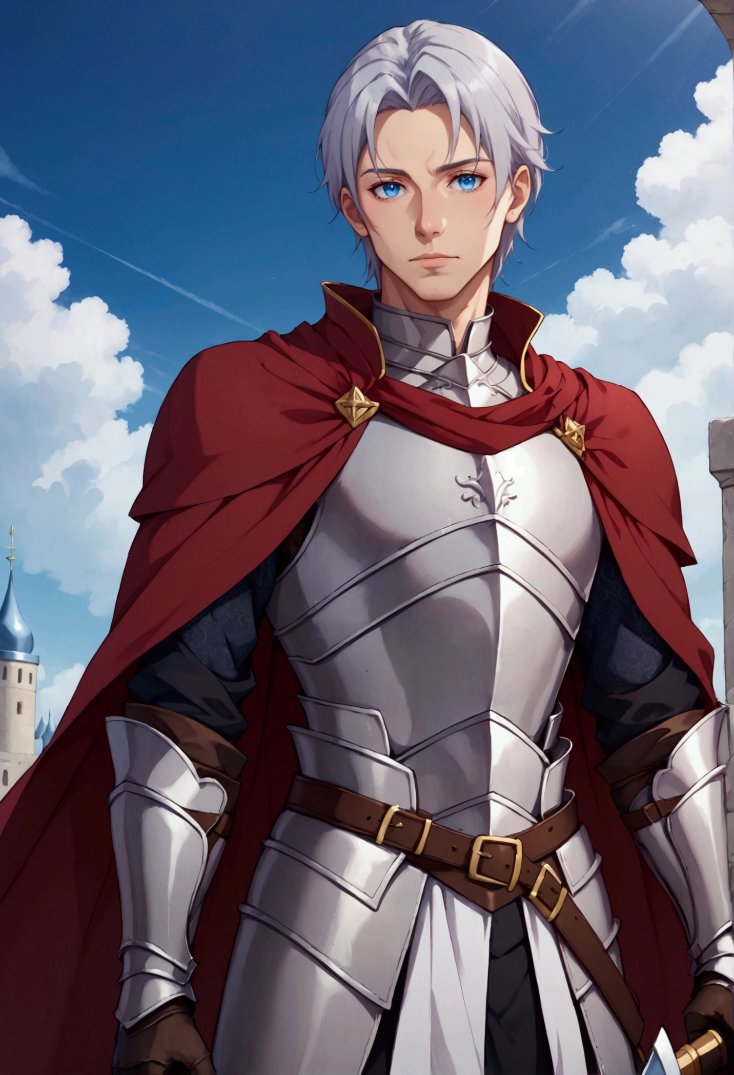 1 man, knight, armored, long silver hair, blue eyes, sword in hand