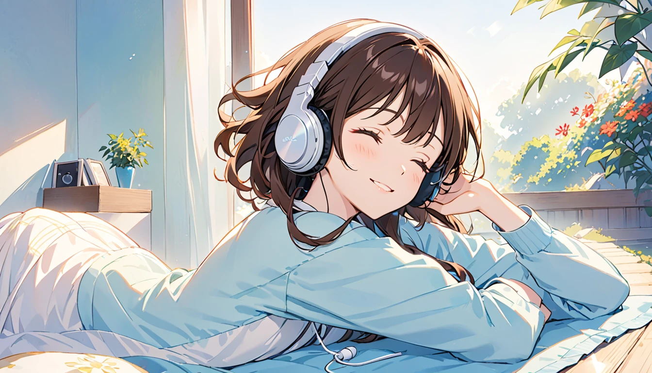 Girl wearing headphones,ベッドでrelaxして寝ている,Brown Hair,One girl,Eyes closed,relax,「Gentle morning light」,Lying down,bright,smile