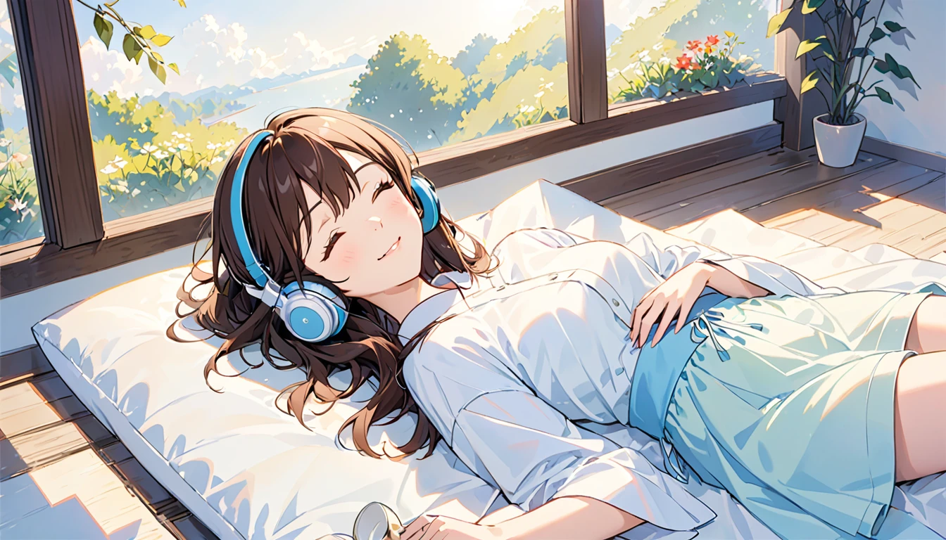 Girl wearing headphones,ベッドでrelaxして寝ている,Brown Hair,One girl,Eyes closed,relax,「Gentle morning light」,Lying down,bright,smile