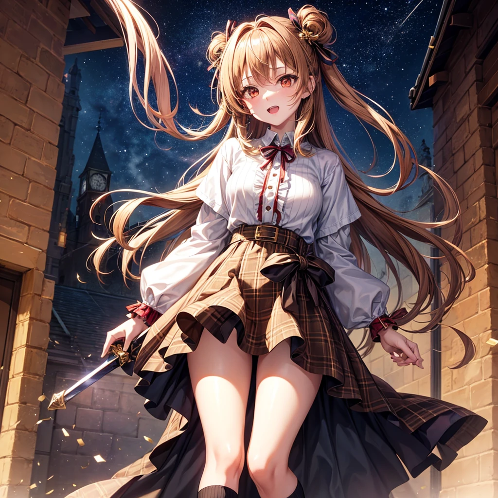 Brown and gold hair、Red gold eyes、Hair tied up、One good looking girl、solo、anime、Checkered mini skirt、Ruffles on the skirt、T-Shirts、Black knee-high socks、Ribbon、Ribbon on waist、Teeth are visible、Starry Sky、Midnight Moon、Confetti、Brick construction、Legendary Sword、clock tower、Spiral staircase