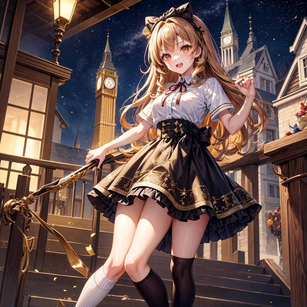 Brown and gold hair、Red gold eyes、Hair tied up、One good looking girl、solo、anime、Checkered mini skirt、Ruffles on the skirt、T-Shirts、Black knee-high socks、Ribbon、Ribbon on waist、Teeth are visible、Starry Sky、Midnight Moon、Confetti、Brick construction、Legendary Sword、clock tower、Spiral staircase