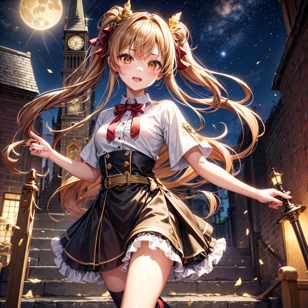 Brown and gold hair、Red gold eyes、Hair tied up、One good looking girl、solo、anime、Checkered mini skirt、Ruffles on the skirt、T-Shirts、Black knee-high socks、Ribbon、Ribbon on waist、Teeth are visible、Starry Sky、Midnight Moon、Confetti、Brick construction、Legendary Sword、clock tower、Spiral staircase