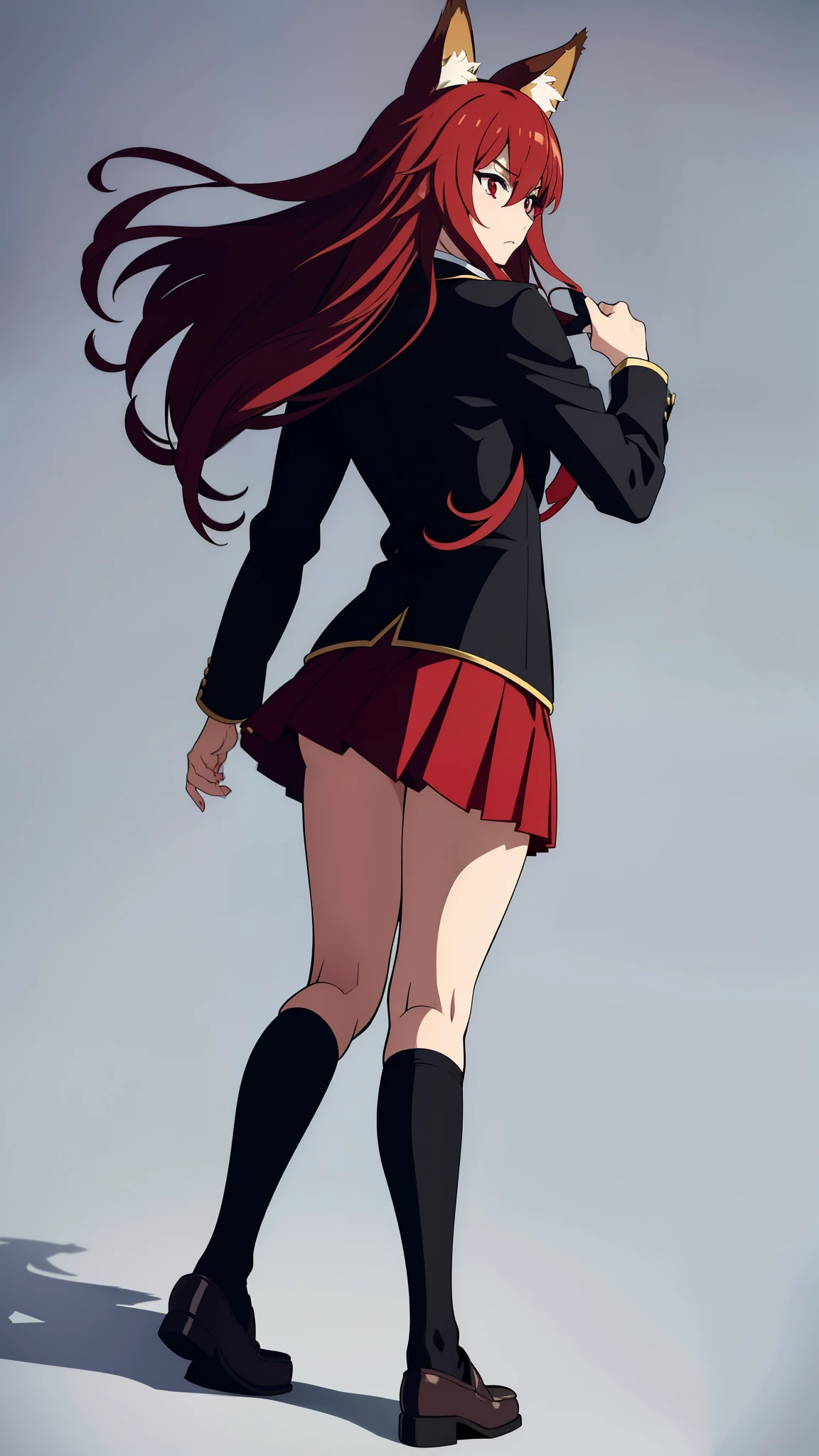 1girl ,20s,mature female,serious face,solo,red hair,red eyes,long hair,fox ears,hair between eyes,(simple background),necktie,black jacket, blazer,long sleeves,pleated skirt,full body,from back,(looking back),walking