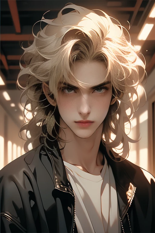(tmasterpiece, high resolution, ultra - detailed:1.0), (1 boy, Young male, masculine face), Perfect male body, Adult male, Delicate eyes and delicate face, Extremely detailed CG, Unity 8k wallpaper, Complicated details, Detailed face, (blond hair, messy hair, serious faces, white T-shirt,Bad students), (frown,evil smile:1.3), hand in pocket, school corridor,black leather jacket, color difference, Depth of field, dramatic shadow, Ray tracing, Best quality, Cinematic lighting, offcial art,Portrait