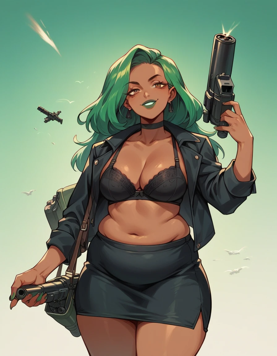 beautyfull woman, long green hair, long hair, african skin, green lipstick, black skirt, black bra, black chocker, black jacket, chubby, evil smile, holding a minigun, shooting
