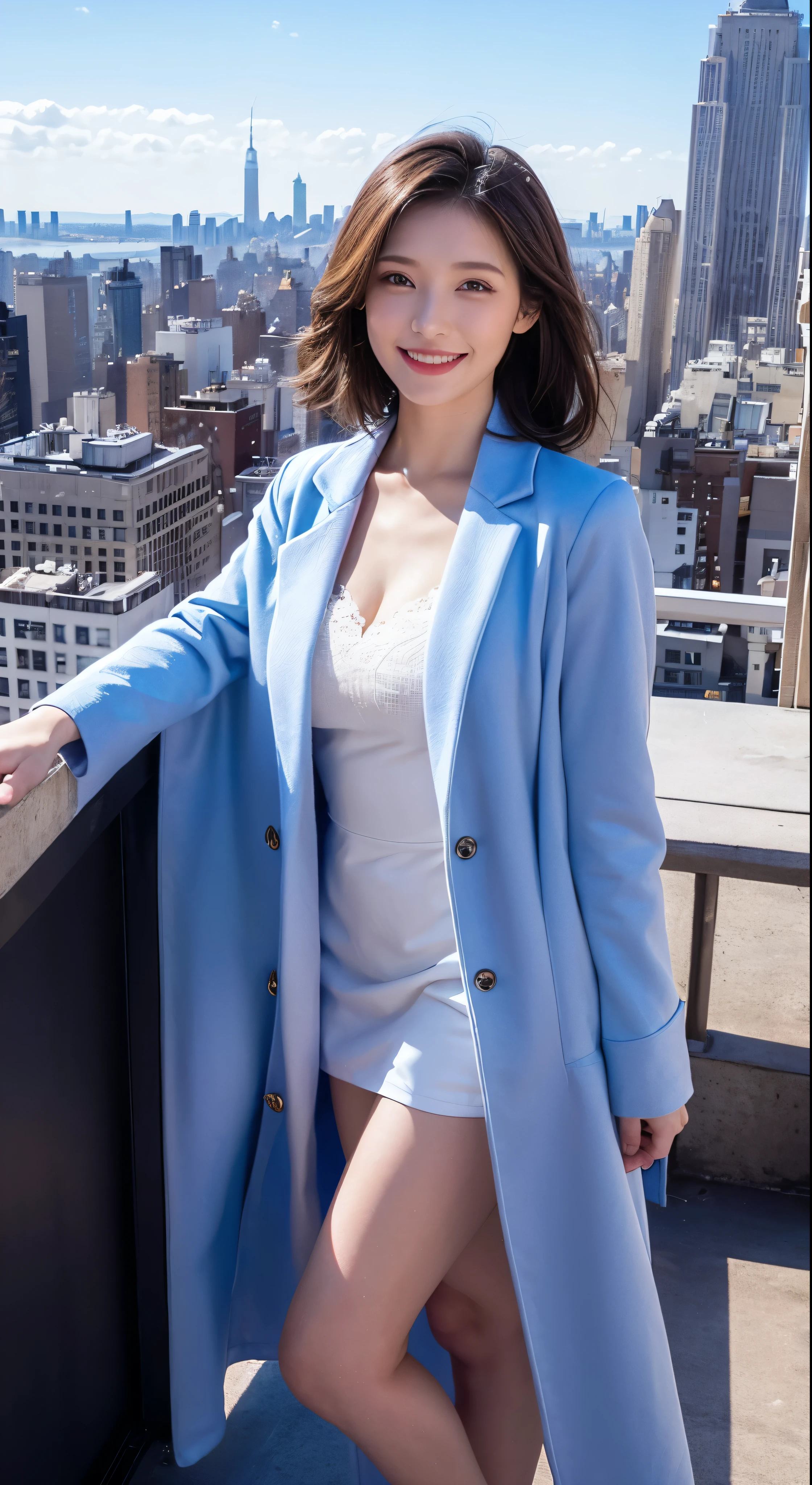 with high definition images，View of the Statue of Liberty in New York from the rooftop，Beautiful woman smiling and looking at camera，Beautiful woman in a white coat and red dress（Full body high quality images）A sunny, cloudless day，Facial details