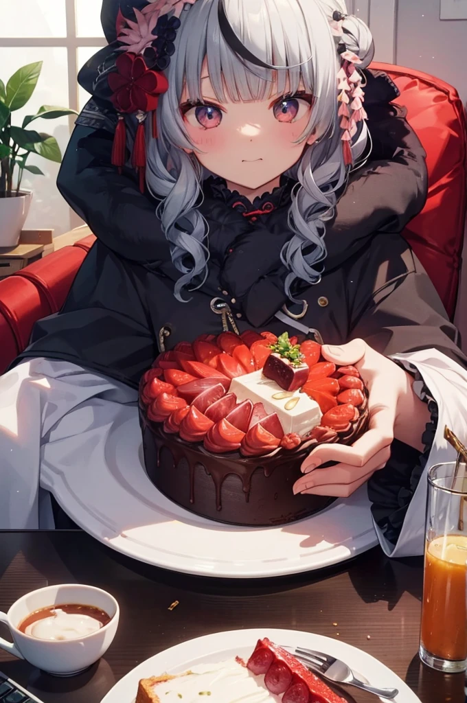 living、Eat cake、Close-up、Put on the hood、Low desk、sofa、Eat deliciously、Gobble、