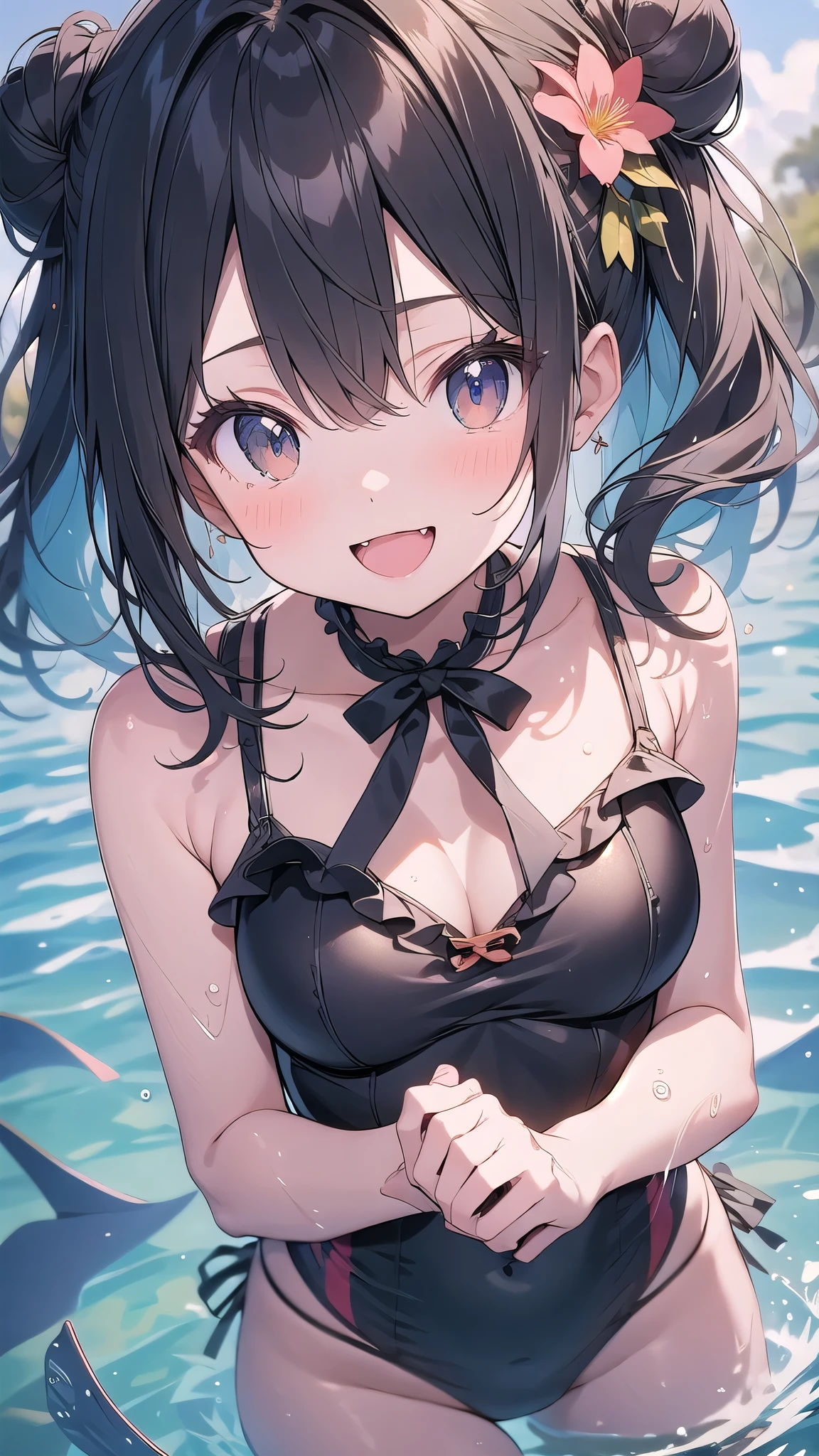 depth of field, sparkle, blurry foreground, f/2.8, 35mm, uhd, ((masterpiece)), high quality, super detail, best quality, highres, award winning,Swimming in the sea、girl with an innocent smile、looks fun、Playing in the water、1 person、Black frilly swimsuit、Flower Hair Ornaments、Black Hair、hair bun,:d,fang,Small breasts