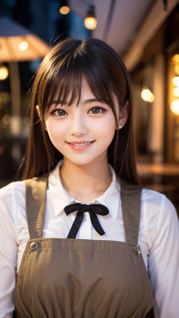 Cute girl working at a cafe terrace　Japanese　１９age　
Professional Lighting　Digital SLR　Beautiful and elaborate face　Perfect and beautiful face　Big eyes Smile