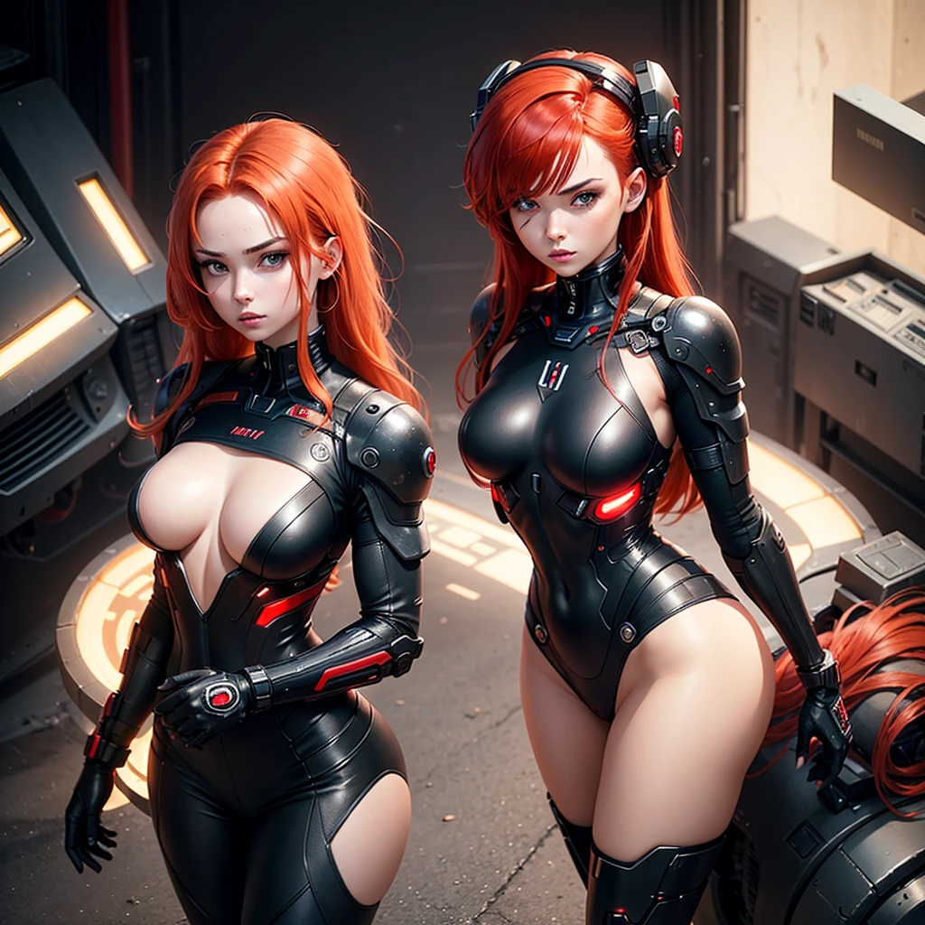 The picture shows a beautiful cyborg girl with red hair. Her image combines elements of technology and human beauty. She looks a little sad, but at the same time sexy. She has big hips and medium sized breasts. The girl is dressed in a black suit with a deep neckline, the costume has a lot of small red details. She's standing straight, and her gaze is directed downwards. Camera angle from bottom to top, which emphasizes her silhouette and facial expression. Image background - outer space with red flares. The main colors of the picture are black and red., which creates a dramatic and atmospheric scene.