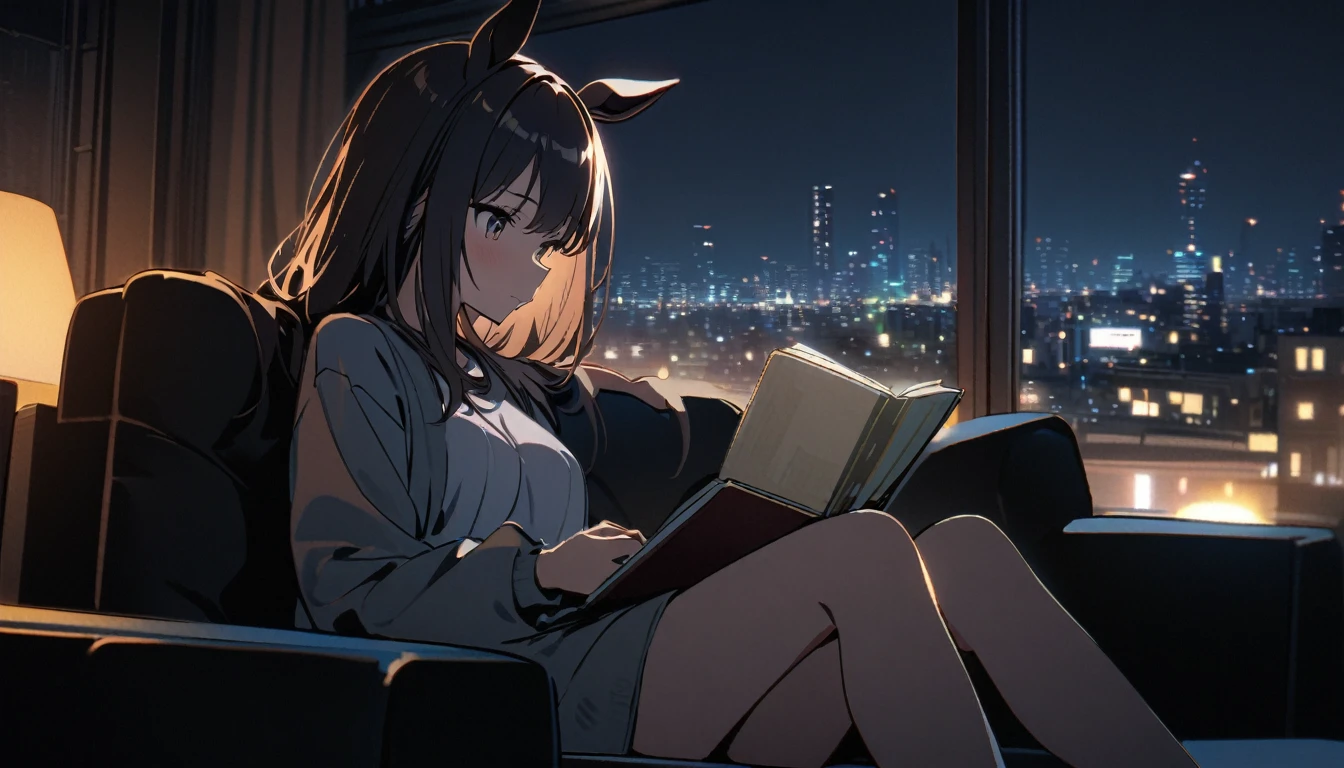 A girl wearing horse ears sitting on a sofa and reading a book,In front of a large window,Night view,Streetscape、8K