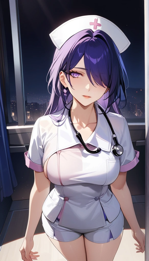 (masterpiece, top quality, best quality, official art, beautiful and aesthetic:1.2),(8k, best quality, masterpiece:1.2), (((masterpiece))),(((best quality))),(((extremely detailed))),illustration,who, (masterpiece, top quality, best quality, official art, beautiful and aesthetic:1.2),(8k, best quality, masterpiece:1.2), (Masterpiece, Best quality, best shadow), (detailed background), 1girl, One, girl, Honkai: star rail, Acheron, purple hair, long hair, shorts, one eye hidden behind hair, hair over one eye, purple eyes, nurse uniform smooth, nurse, nurse hat, stethoscope,
