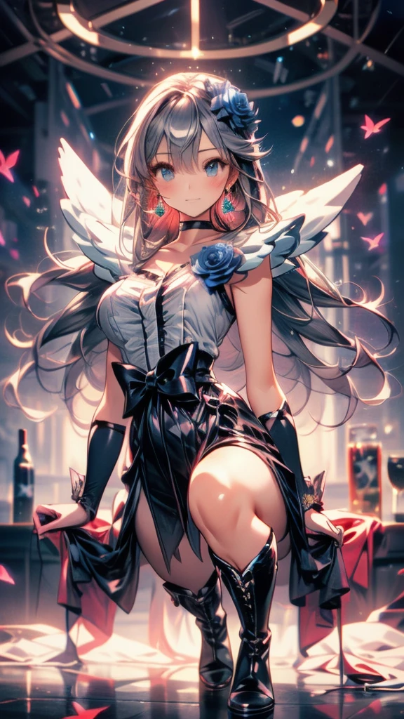 (Highly detailed CG), (Highest quality),(full body)，(( Squat，Spread your legs，Strike a Pose)),Anime Style，1 Girl,alone, black choker, earrings, blue flower, magical girl, waist bow, cure moonlight dress, jewelry, flower, wrist cuffs, single elbow glove, boots, eyelashes,Perfect Face,  Shiny skin, Shiny skin, Wide Hips,Tight waist,Knee-high boots，Elbow Bag,1 Girl, Long Hair, Big Breasts，Thick thighs，sunset，Octane，