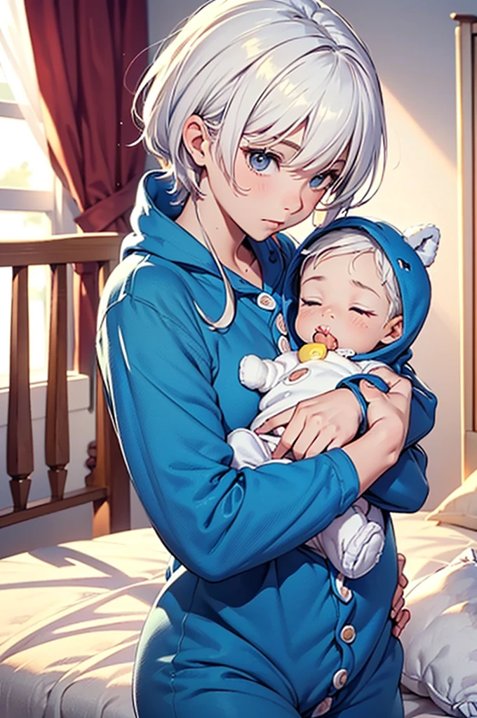 an anime image of a ***** boy with white hair wearing a thick diaper underneath fox hoodie-footie pjs, hoodie-footie pjs, (sleeping,crib), nursery, 1boy, adorable, masterpiece, extremely detailed, beautiful eyes, sharp focus, vivid colors, studio lighting, (intricate details,soft textures,cozy atmosphere,high quality 1,5), hood down,