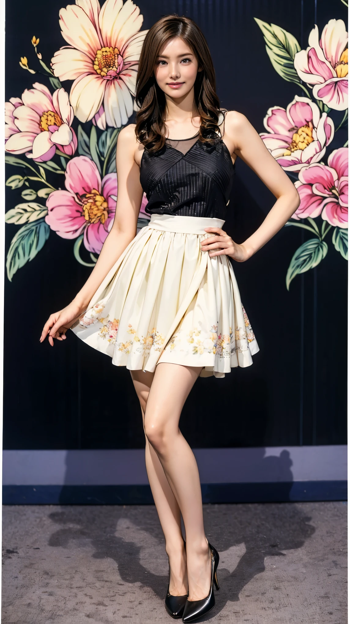 ((masterpiece)),(((Highest quality))),Thin thighs,Long legs,whole body:1.5,(One Girl:1.3),(Black high heels:1.3),(Wearing a floral striped mid-long flared skirt dress:1.2),Short blonde hair:1.2、Model pose with legs spread wide:1.5,Bright expression:1.5