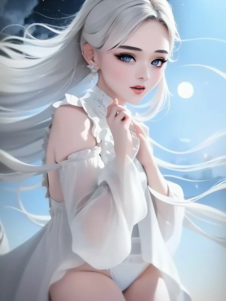 masterpiece, (best quality:1.2), (ultra-detailed:1.2), illustration, (an extremely delicate and beautiful:1.2),cinematic angle,floating, (beautiful detailed eyes:1.1), (detailed light:1.1),cinematic lighting, beautifully detailed sky, women, white hair, blue eyes, (high ponytail:1.1), cloak, glowing eyes, (moon:1.2), (moonlight:1.1), starry sky, (lighting particle:1.1), fog, snow painting, sketch, bloom