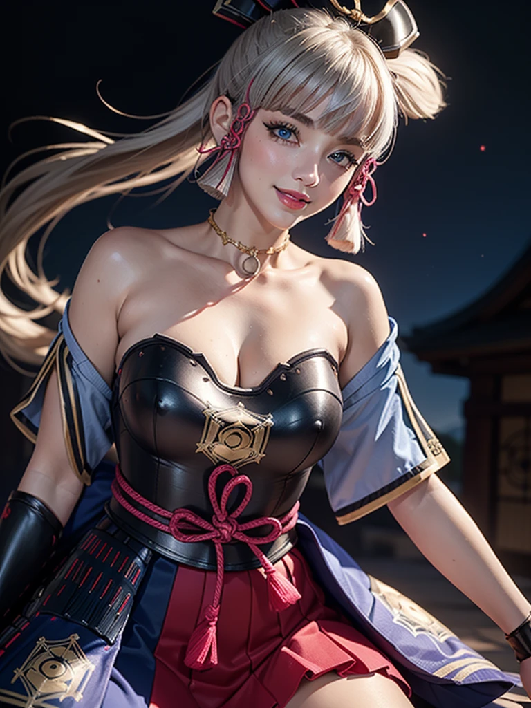 ((masterpiece)),(bestquality),((ultra-detailed)), ((beautiful detailed sky)), ((cinematic lighting)), depth of field, (dynamic angle),detailed lighting,((beautiful detailed eyes)), (night sky view), red lip, smile,eyeshadow,large breast, cleavage, ((bare arm, short skirt , off shoulders, sexy)), ((kamisatoayakadef))