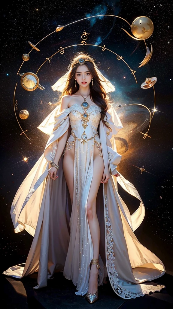 artwork, Surrealism, Very detailed, Intricate details, painting, best quality, Cosmic, Starry Sky, woman holding two scales, pound sign concept, Golden Ratio, fair, Cosmic concept, 8k, Movie Lighting, Starry Sky background, Vibrant colors, Ultra HD, author:Greg Rutkowski