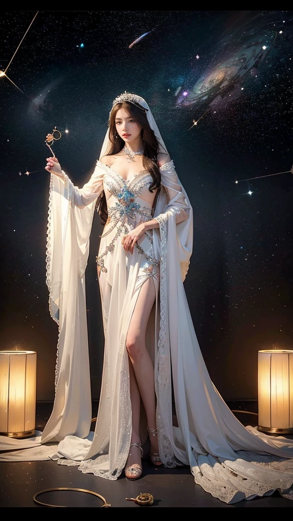 ((masterpiece, highest quality, Highest image quality, High resolution, photorealistic, Raw photo, 8K)), ((Astrologer:1.5)), Names of constellations and zodiac signs, constellations, astrology, unknown constellations, geometry and astrology, constellations, constellation Libra, very accurate and detailed, Libra, accurate and detailed, accurate depiction, numerology, very accurate, with constellation, Pisces, magical emblem, constellation, full body shot of astrologer wearing lace robes and veil hiding face,