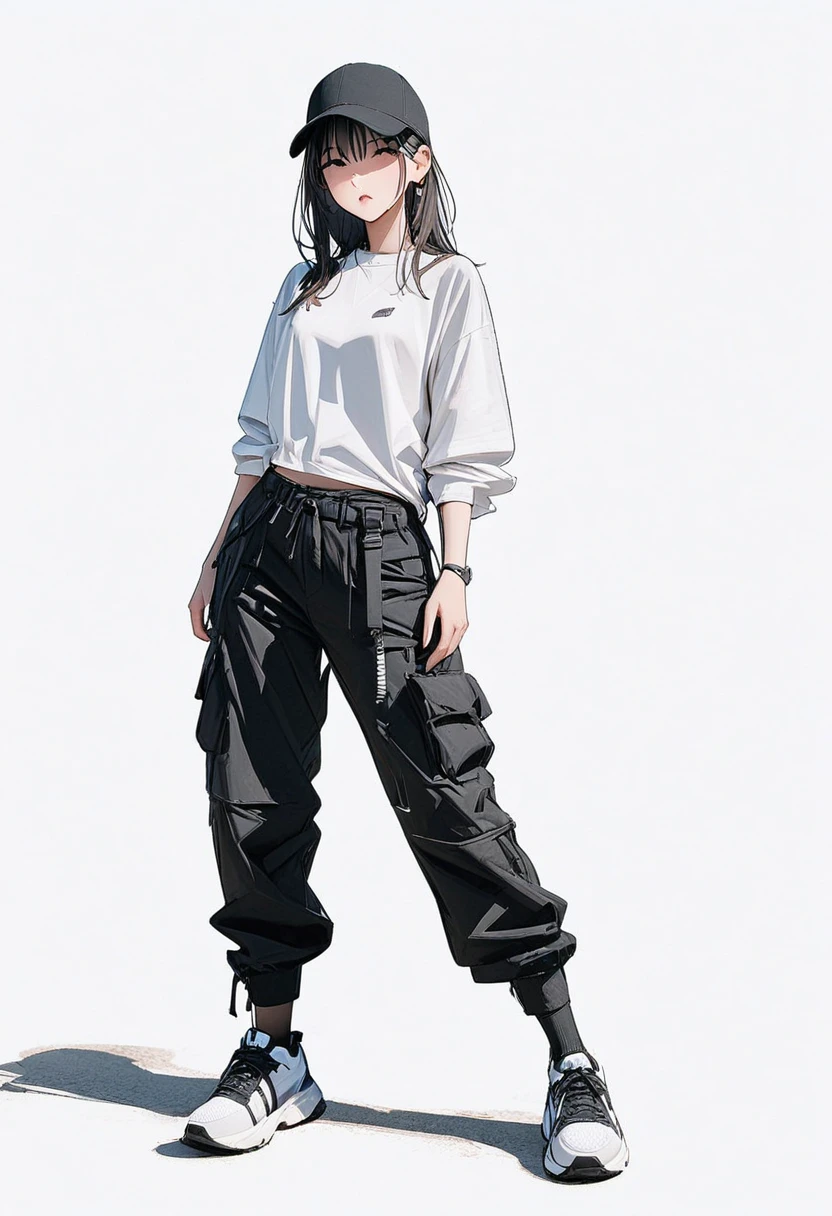 (Masterpiece, highest quality: 1.2, 8K), One girl in the center, wearing layers inside her shirt, cargo pants, simple sneakers, simple background, white background,