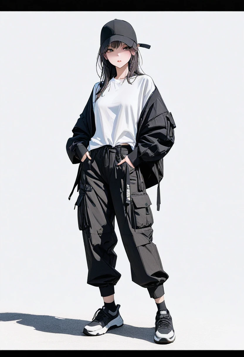 (Masterpiece, highest quality: 1.2, 8K), centered, full body, one girl, wearing layers under her shirt, cargo pants, simple sneakers, simple background, white background,