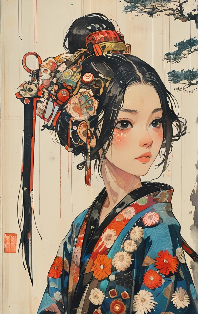 A vibrant and colorful illustration of an anime-style female samurai character with white hair, holding her sword in front of her face. She is wearing traditional Japanese adorned with floral patterns, a backdrop filled with colorful patterns representing ancient symbols and floral motifs. The background is richly detailed with geometric shapes that add depth to their figure's presence., creating a whimsical atmosphere. The background features bold colors and intricate designs that add to the overall visual appeal. This artwork showcases vivid hues, intricate details on both attire and armor, capturing movement as she walks forward in the style of intricate details on both attire and armor, capturing movement as she walks forward,  in the style of  takato yamamoto    , 