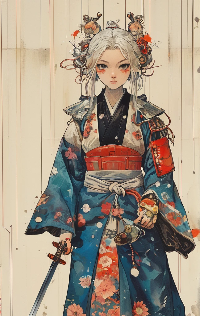 A vibrant and colorful illustration of an anime-style female samurai character with white hair, holding her sword in front of her face. She is wearing traditional Japanese adorned with floral patterns, a backdrop filled with colorful patterns representing ancient symbols and floral motifs. The background is richly detailed with geometric shapes that add depth to their figure's presence., creating a whimsical atmosphere. The background features bold colors and intricate designs that add to the overall visual appeal. This artwork showcases vivid hues, intricate details on both attire and armor, capturing movement as she walks forward in the style of intricate details on both attire and armor, capturing movement as she walks forward, in the style of takato yamamoto ,