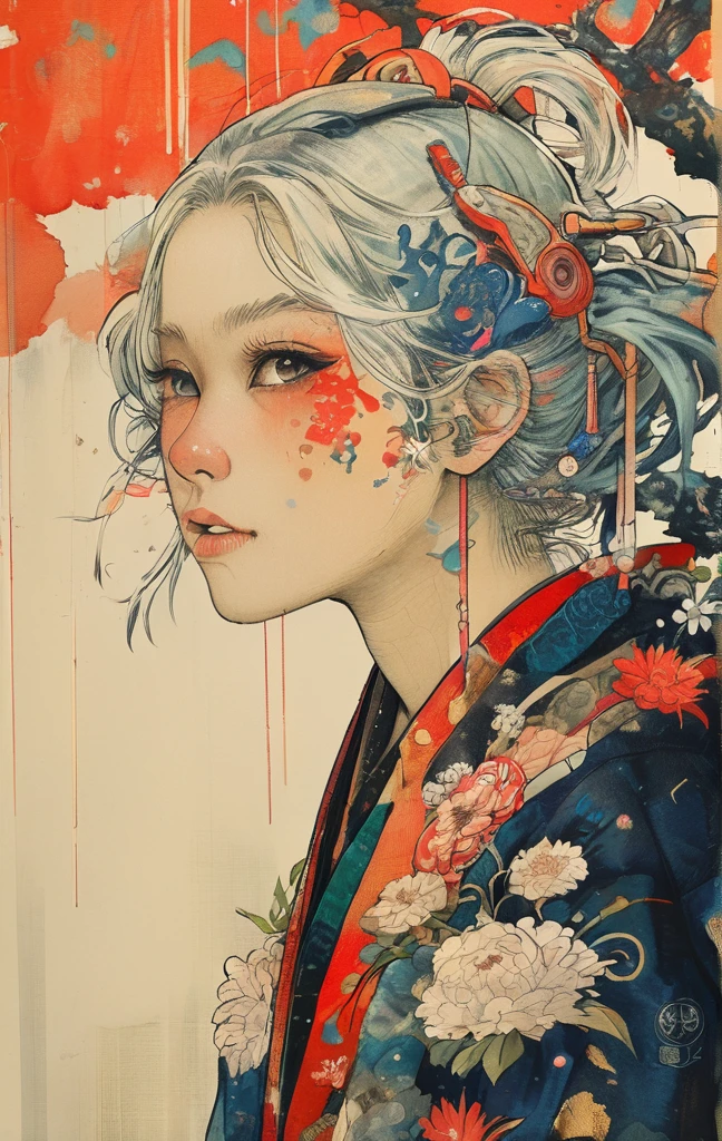 A vibrant and colorful illustration of an anime-style female samurai character with white hair, holding her sword in front of her face. She is wearing traditional Japanese adorned with floral patterns, a backdrop filled with colorful patterns representing ancient symbols and floral motifs. The background is richly detailed with geometric shapes that add depth to their figure's presence., creating a whimsical atmosphere. The background features bold colors and intricate designs that add to the overall visual appeal. This artwork showcases vivid hues, intricate details on both attire and armor, capturing movement as she walks forward in the style of intricate details on both attire and armor, capturing movement as she walks forward, in the style of takato yamamoto ,