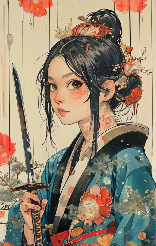 A vibrant and colorful illustration of an anime-style female samurai character with white hair, holding her sword in front of her face. She is wearing traditional Japanese adorned with floral patterns, a backdrop filled with colorful patterns representing ancient symbols and floral motifs. The background is richly detailed with geometric shapes that add depth to their figure's presence., creating a whimsical atmosphere. The background features bold colors and intricate designs that add to the overall visual appeal. This artwork showcases vivid hues, intricate details on both attire and armor, capturing movement as she walks forward in the style of intricate details on both attire and armor, capturing movement as she walks forward, in the style of takato yamamoto ,
