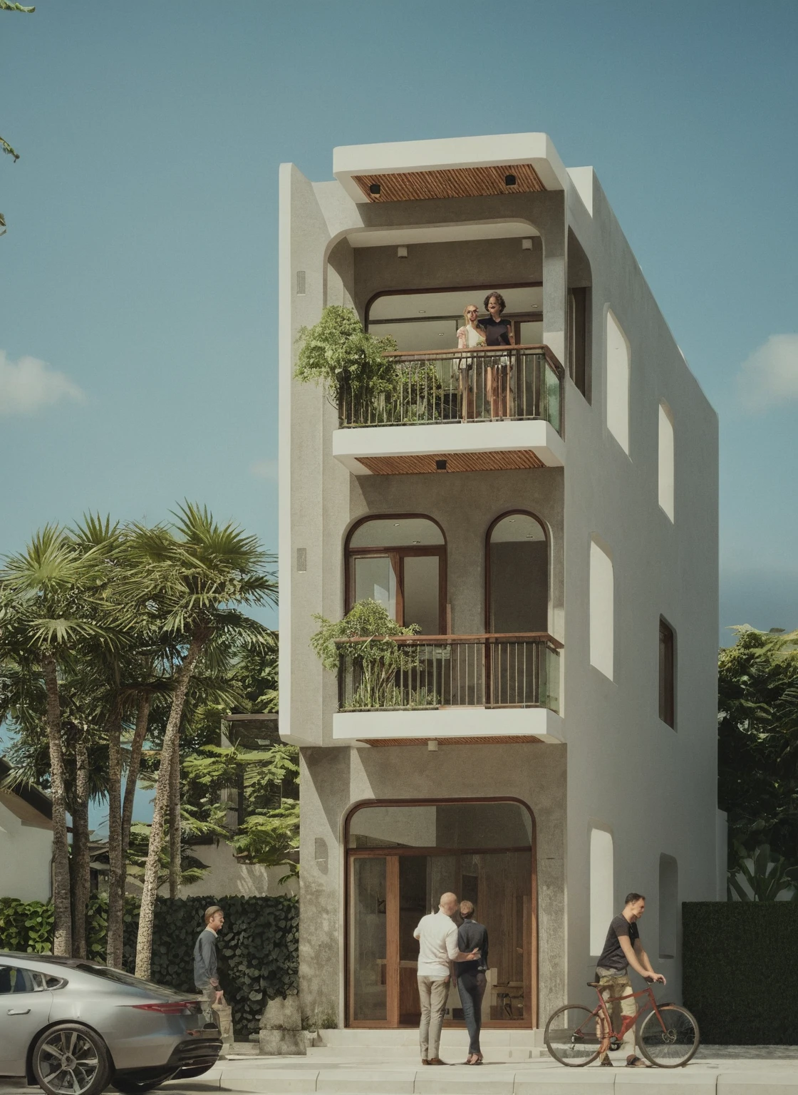RAW photo, Masterpiece, high quality, best quality, realistic, super detailed, exterior, modernstyle, modern house detailed design, Realistic materials, windows glass, balcony glass railing, wooden ceiling, light tones, tropical plants, daylight, Archdaily architecture, (high detail :1.2), 8k uhd, dslr, soft light, high quality , film grain, Fujifilm XT3