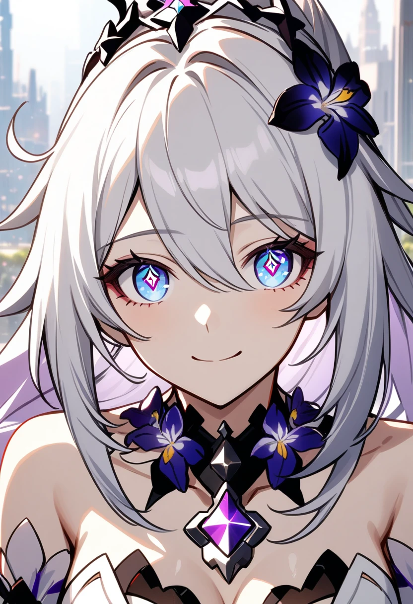 1girl, Kiana Kaslana \(Herrscher of Finality), Honkai Impact 3rd, ponytail, smile, (extremely detailed eyes:1.37), (diamond-shaped irises:1.5)