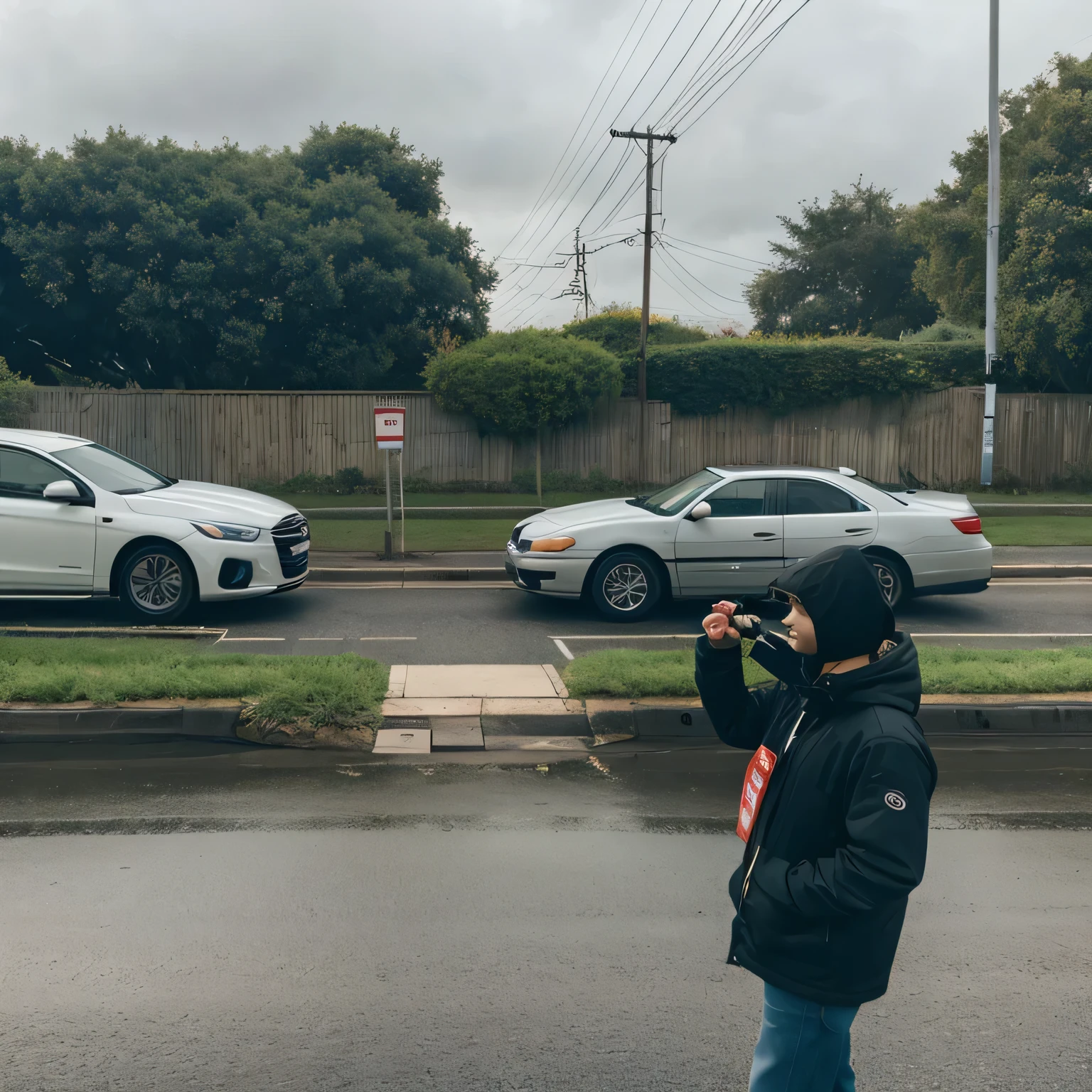 in the drizzle　suburban road　Bird sounds