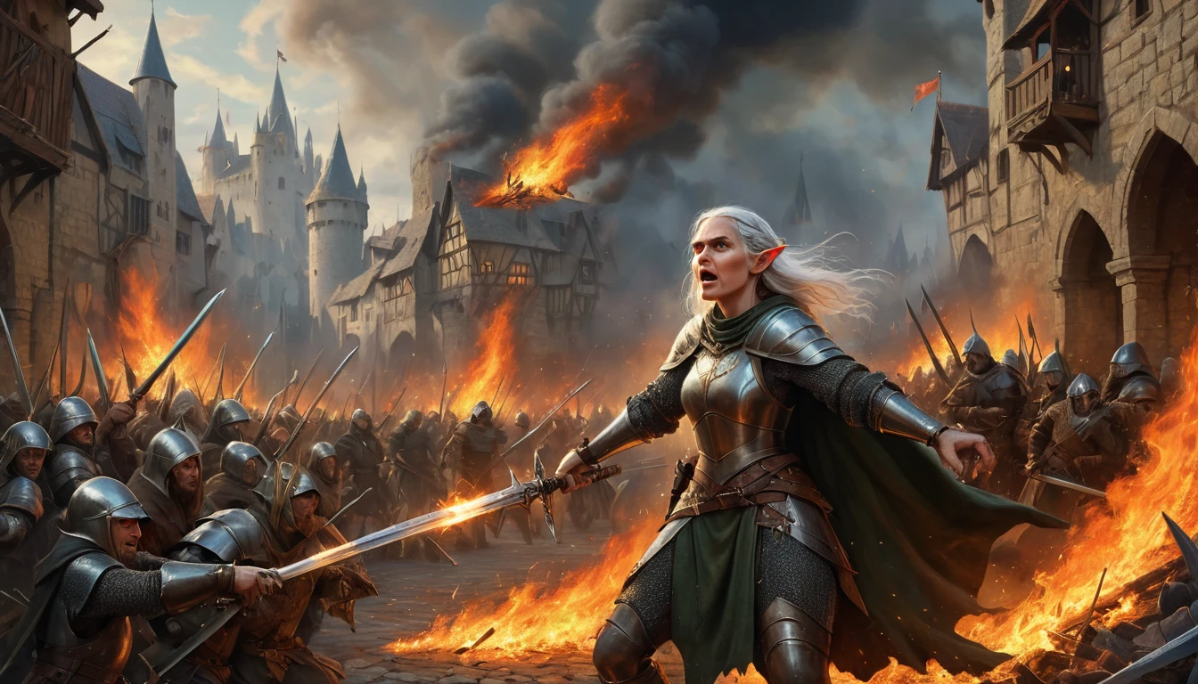 Highly detailed, UHD, 32k, medieval fantasy, heavy metal magazine cover, oil on canvas. Multiple subjects. Medieval cinematic War scene. An elderly elf lady fighting a human army, she is trading sword blows with a burly human with a silver sword. The scenery is a human town in flames. 