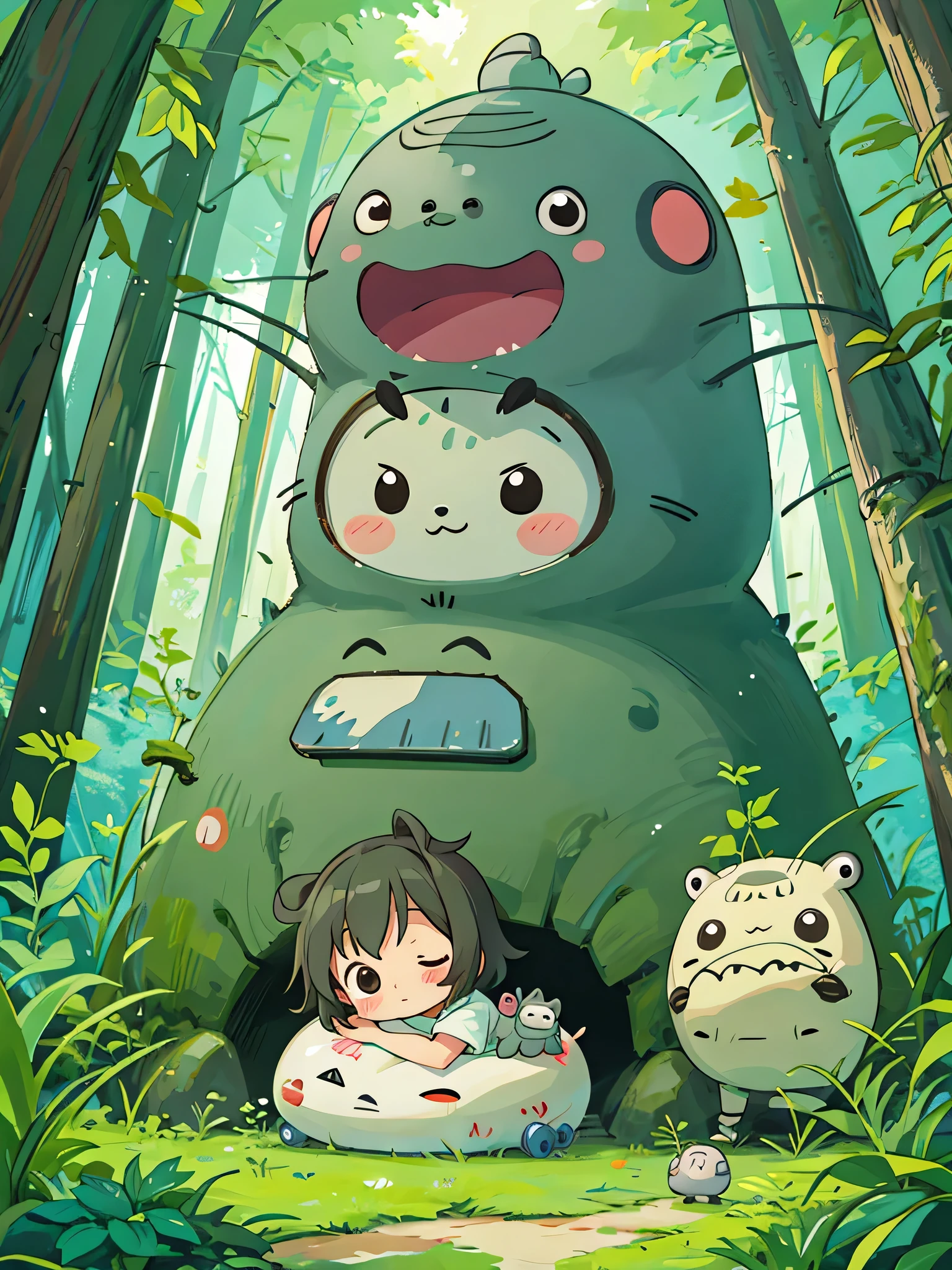 Mika Pikazo style, Kawaii Design, The most beautiful girl of all time、Chibi, 寝ている, Colorful and cute pillbugs, Totoro Forest