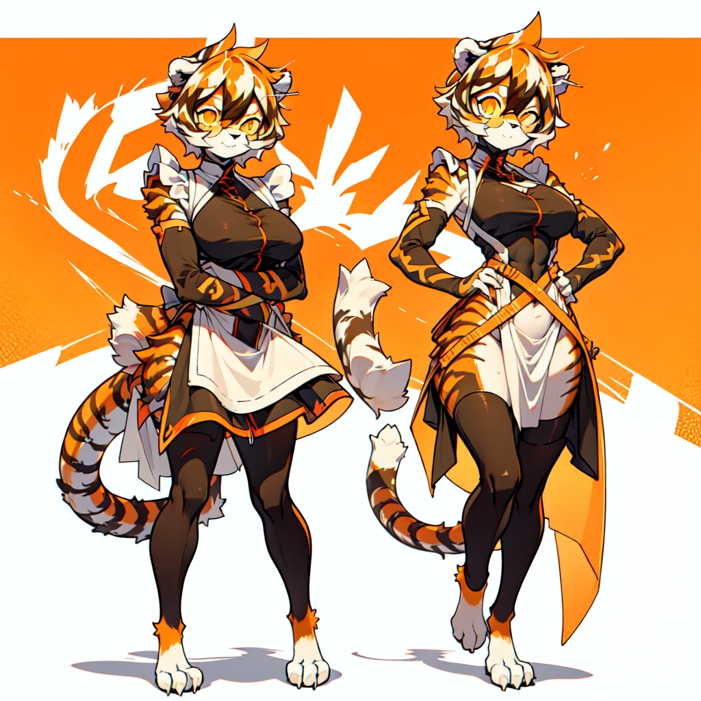 white background, full body, ((furry female:1.2)), Standing, animal ears, white hair, black hair, short hair, large breasts, muscle, tail, orange eyes, orange hair, multicolored hair, tiger girl, hair between eyes, tiger_ears, tiger_tail, orange-tinted_eyewear, tinted_eyewear, big breasts, evil smile, Shadows under feet, Abdominal muscles, (((maid, outfit:1.2))), nsfw