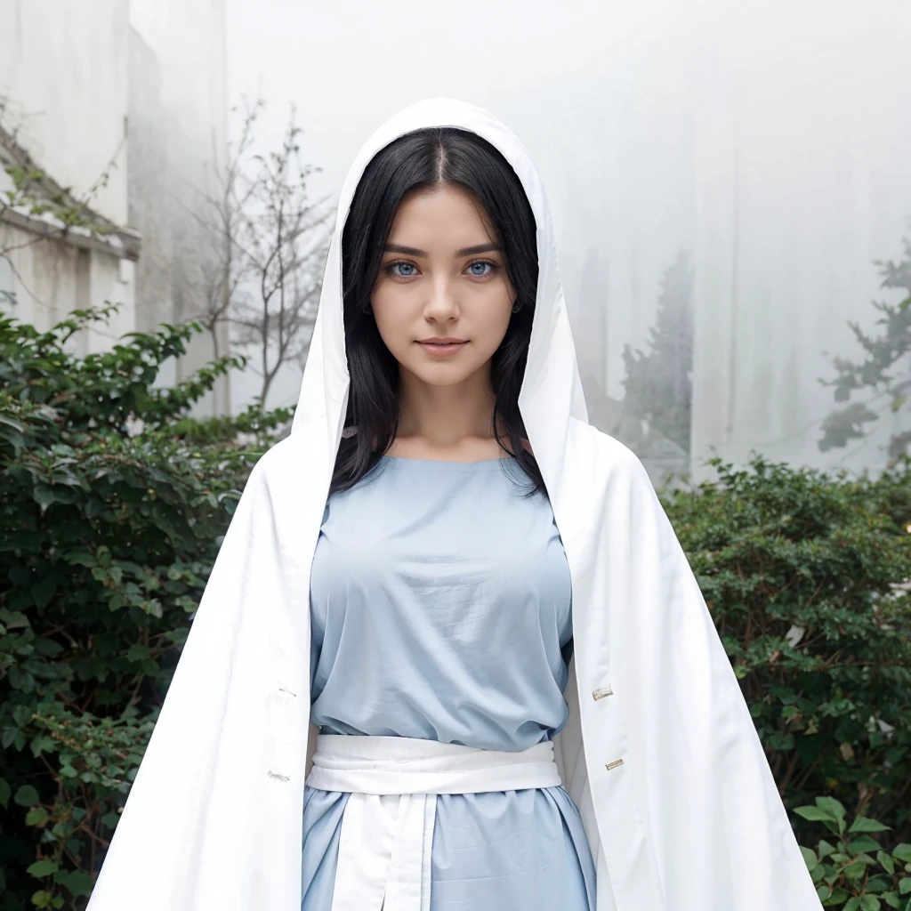 Beautiful woman with light blue eyes, black hair, serene face with a slight smile, wears a white cloak, wears a gray tunic with wide, long sleeves adjusted at the waist by a white sash.