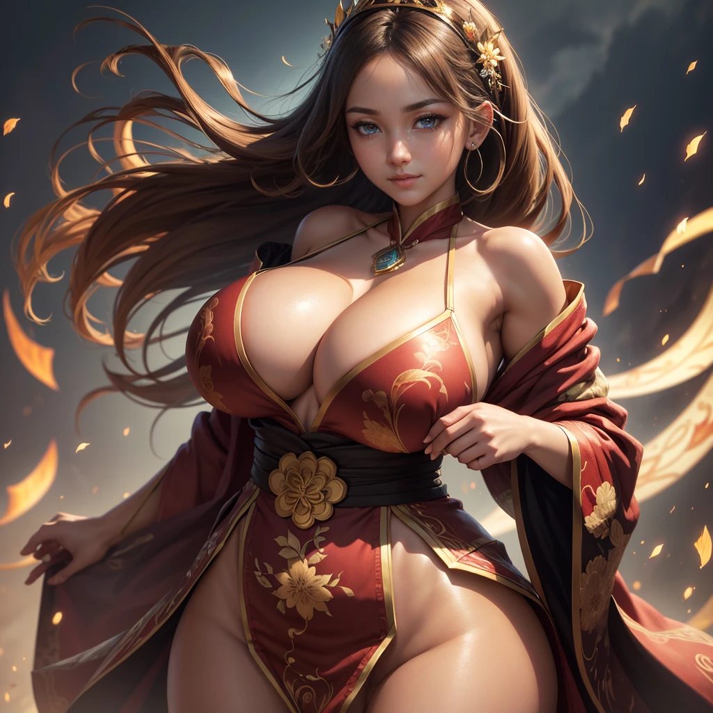 Highly detailed CG unit 8K wallpaper, masterpiece, High resolution, highest quality, highest quality real texture skin, Super Real, Digital Painting, Best image quality, 最High resolution, 8K, Very beautiful ager, ((Highly detailed eyes and face)), Beautiful eyes every detail, Full Body Shot, beautiful kimonos, Japanese dress, Dazzling, オフショルダー, chinese style embroidery, disproportionate breasts, huge breasts, ((sagging breasts:1.5, Cleavage:1.5, gigantic breasts, Saggy breasts, Gravity-dependent breasts, Heavy chest, long chest, Heavy chest)), erect nipple, (((tanned skin, brown skin, dark skin, sideboobs))), slender, smile, grin, Strong winds, typhoon, light brown hair,