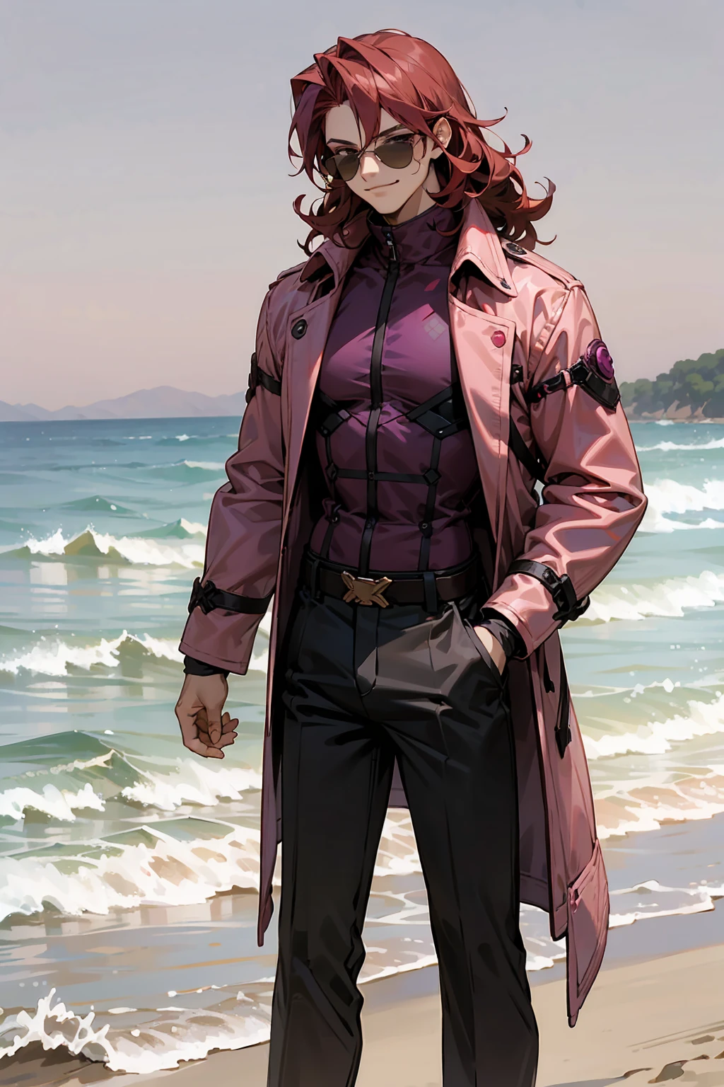 1male, Young Adult, Dark Red Hair, Light Pink Hair, , Muscular, Curly Hair, Two Toned Hair, Sunglasses, Magenta Colored Eyes, Smirk, Standing On Beach, Purple Coat, Long Hair