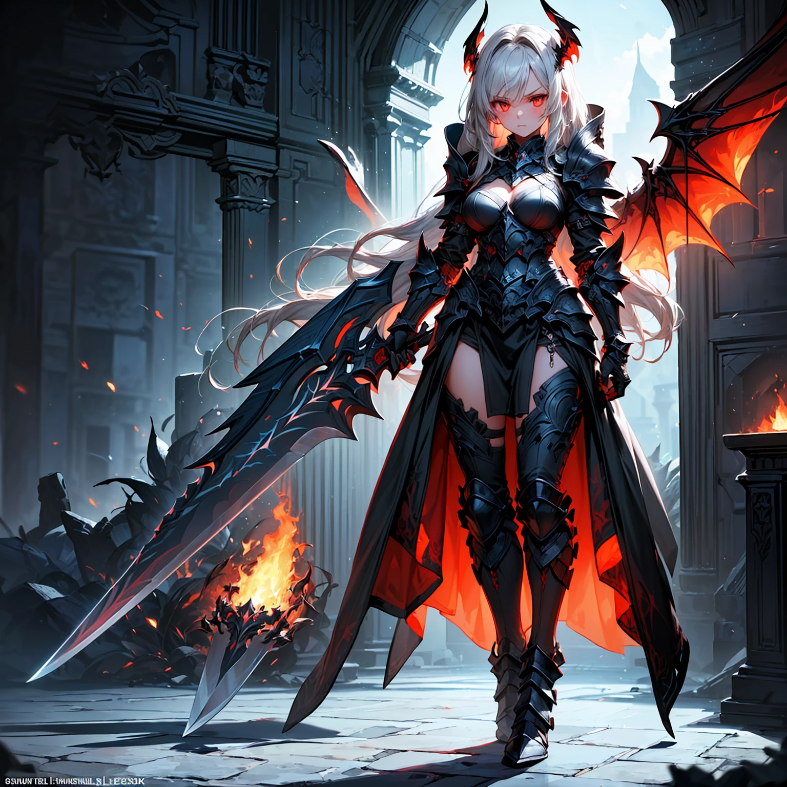 (((masterpiece, best quality, high detailed, 8k))) Design a layout showcase Gaming character, (1girl). Black+Crimson dark armor, stylish and unique. ((weapon:1.4)), cursed sword. (masterpiece:1.2), (best quality), 4k, ultra-detailed. (luminous lighting, atmospheric lighting). dark warrior, ((six wings of shadow and fire)), ((glove full hands)), (((revealing clothes:1.3))), vambraces, armored legwear, (((full_body_shot:1.4))). {In an infernal realm}. (((extremely imposing presence, black flames, super strong, incredibly beautiful with dark armor))).