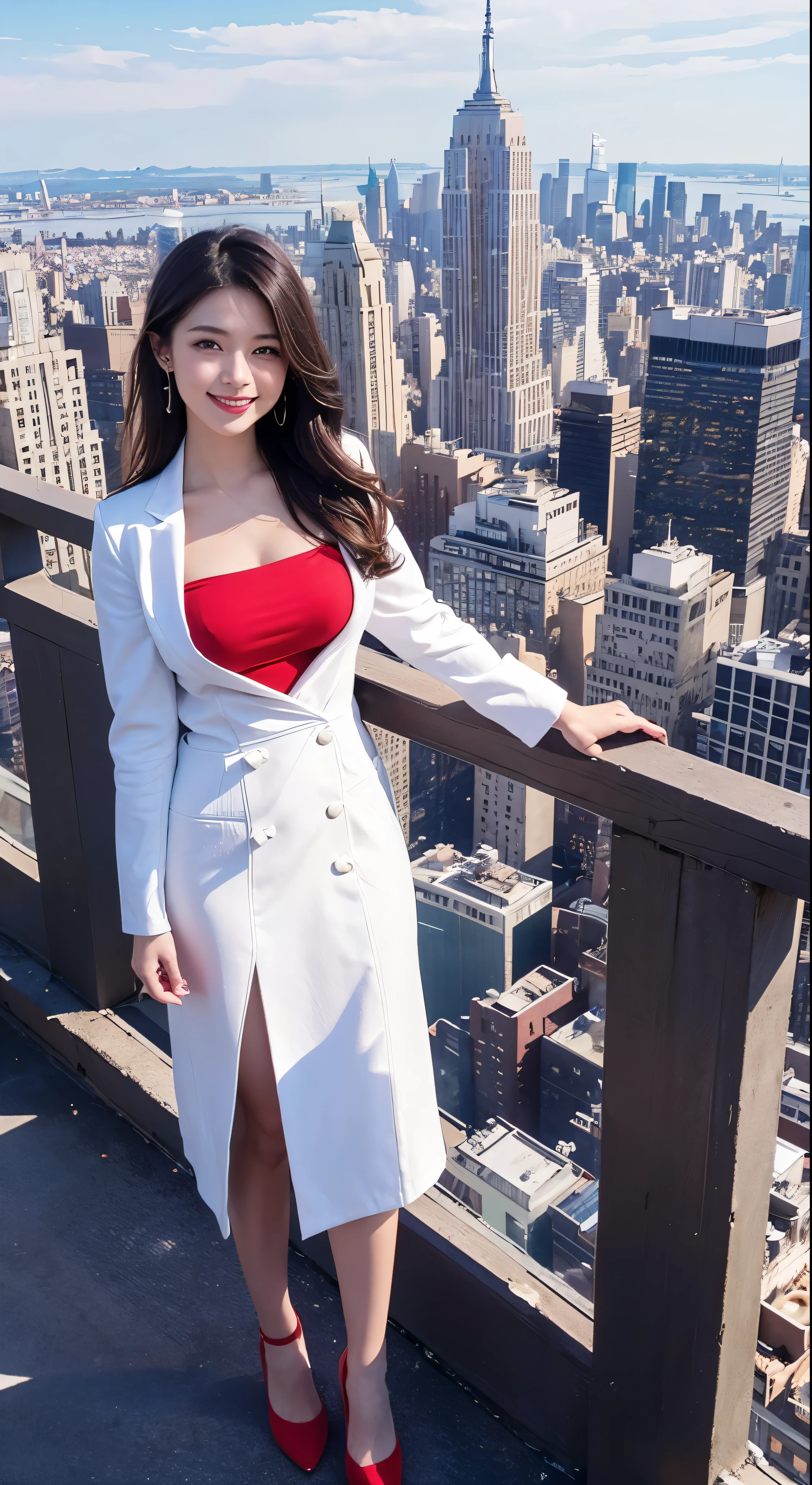 with high definition images，View of the Statue of Liberty in New York from the rooftop，Beautiful woman smiling and looking at camera，Beautiful woman in a white coat and red dress（Full body high quality images）A sunny, cloudless day，Facial details