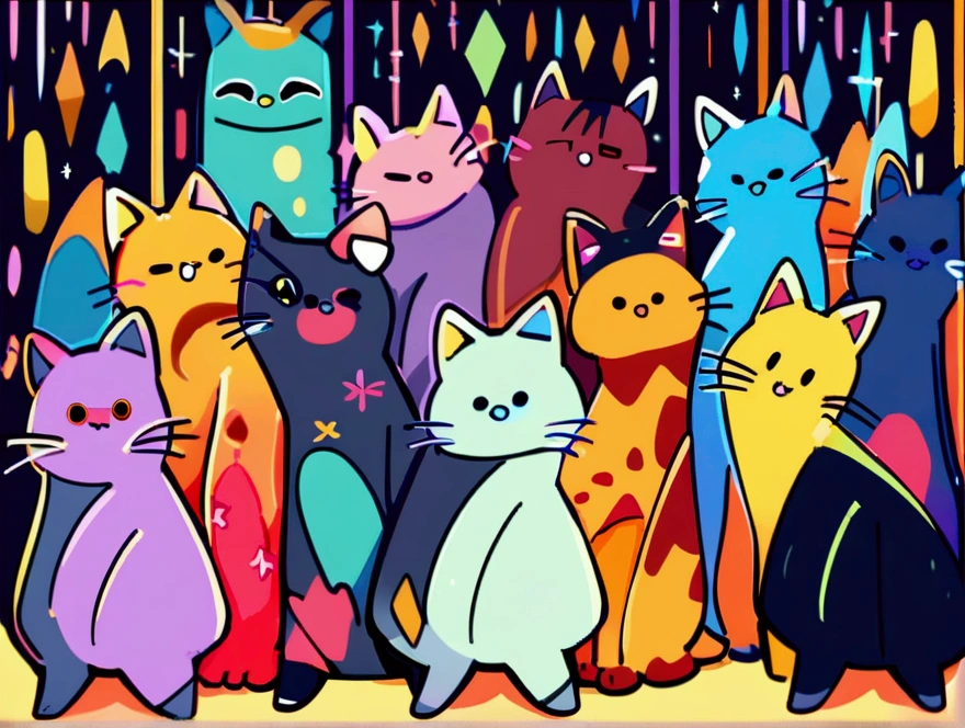 All motifs have a black line edge, colorful cats drawing style