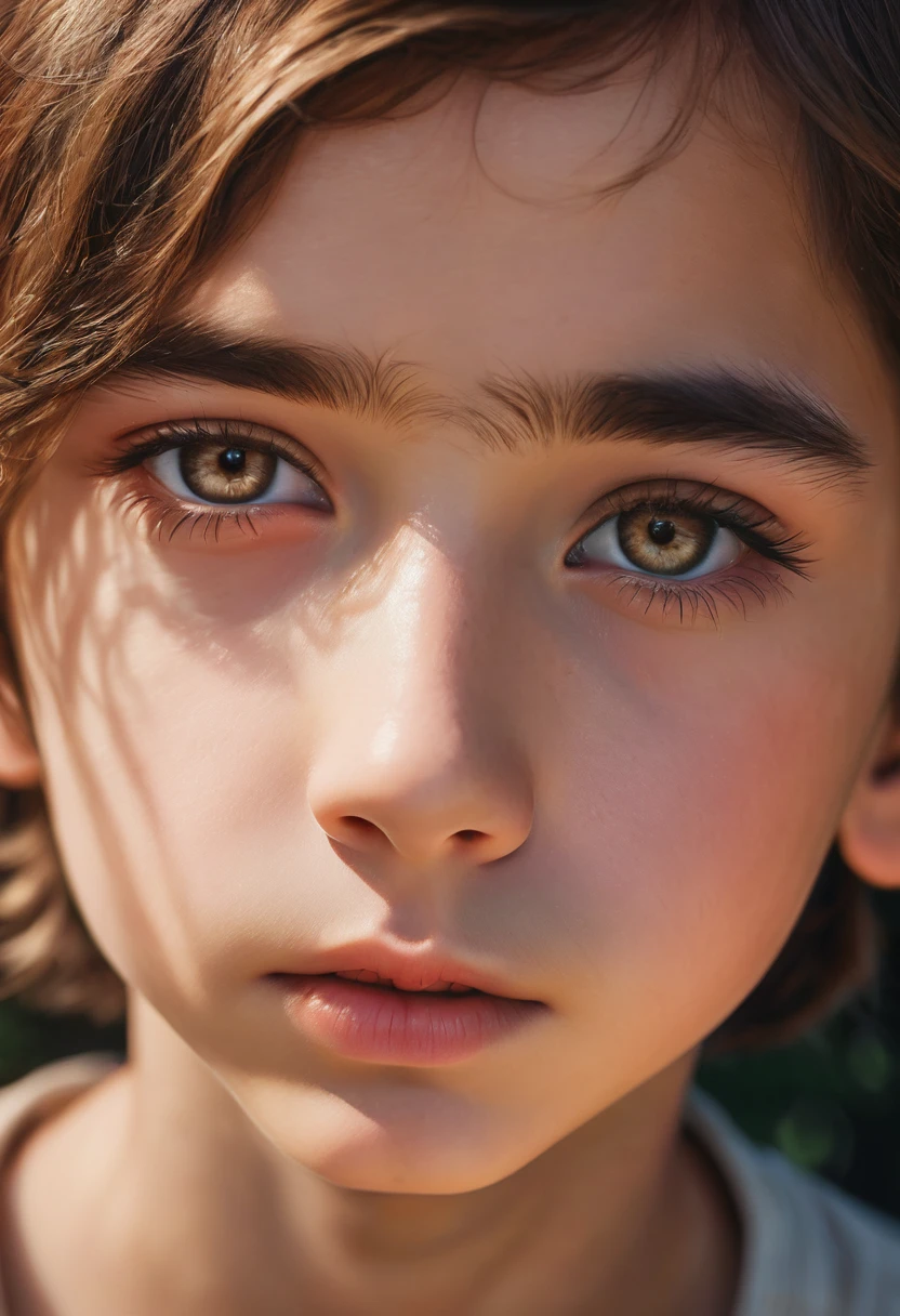 a 12 year old boy, beautiful detailed eyes, beautiful detailed lips, extremely detailed eyes and face, long eyelashes, brown hair, portrait, intricate details, photorealistic, 8k, high quality, cinematic lighting, warm color tones, dramatic shadows, masterpiece